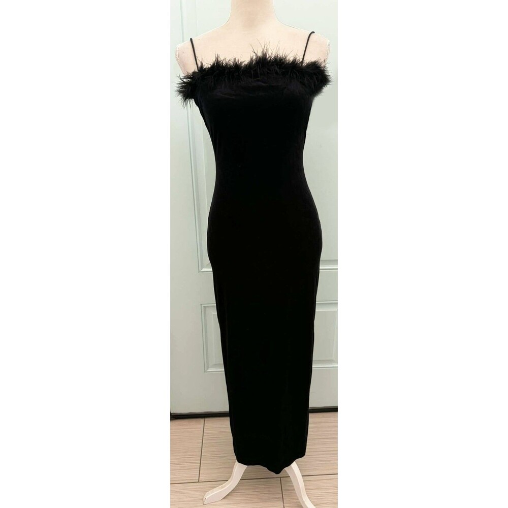 Vintage Y2K Roberta Black Velvet Maxi Feather Trim Dress sz. S Runs More Like XS